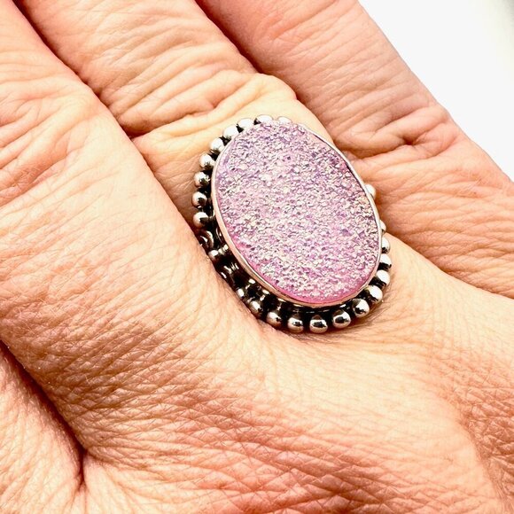 Sajen Womens Ring Pink Druzy Quartz Sterling Silver Size 9 Designer - Picture 2 of 5